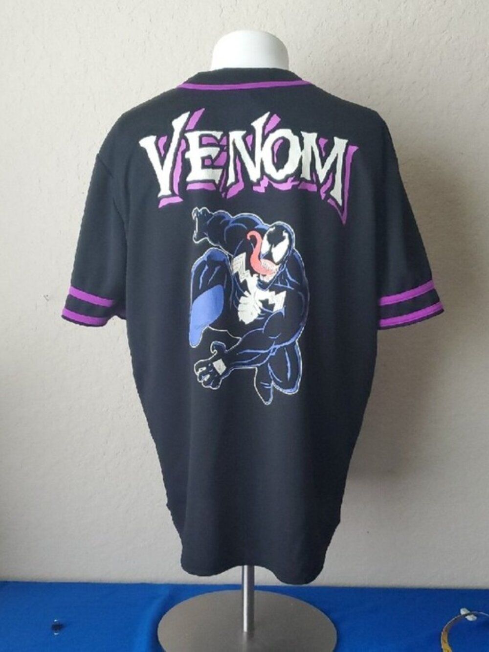 Marvel Venom Baseball Jersey Men's XL Black Purple Graphic Button Up Shirt